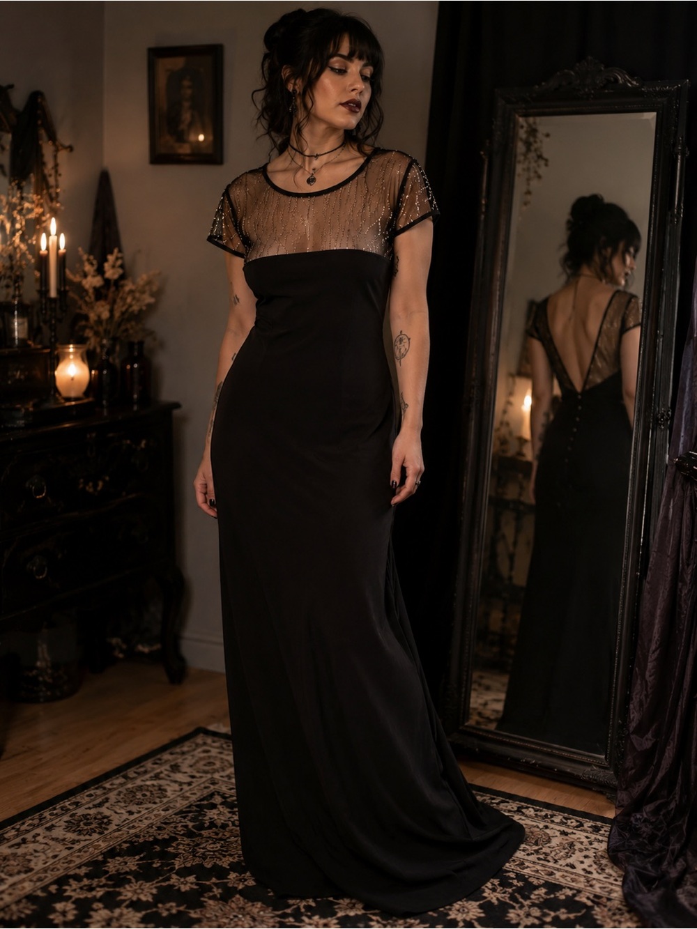 Vintage Oblique Black Illusion Mesh Evening Gown Whimsigoth Size 16